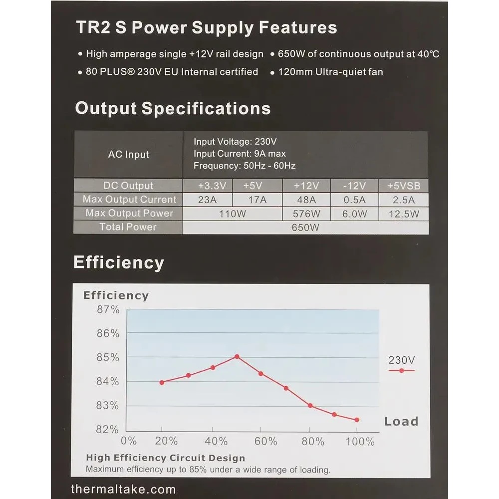 Блок питания Thermaltake TR2 S 650W [PS-TRS-0650NPCWEU-2] v2.3, A.PFC, 80 Plus , Fan 12 cm, Retail