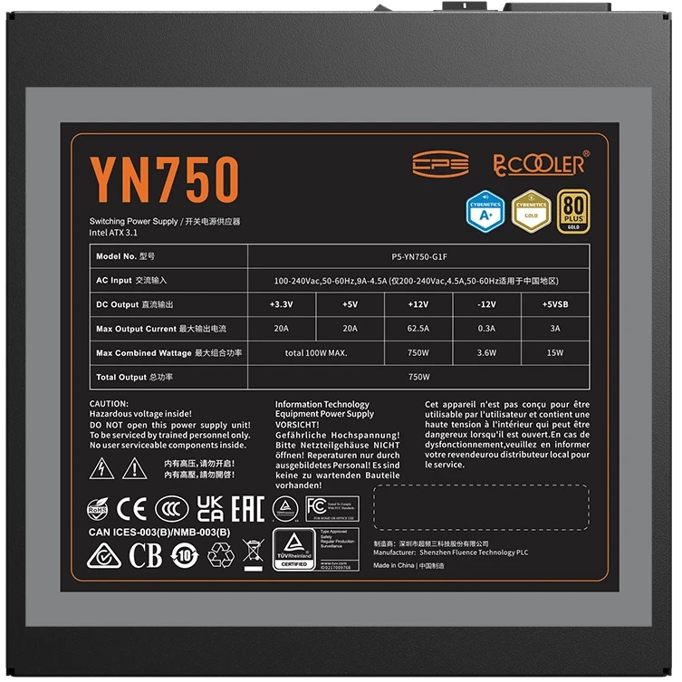 Блок питания  PCCOOLER, 750W 80+ Gold (ATX, 3.1, PCIe 5.1 600W, Full modular, 1x24(20+4)pin 550mm, 2