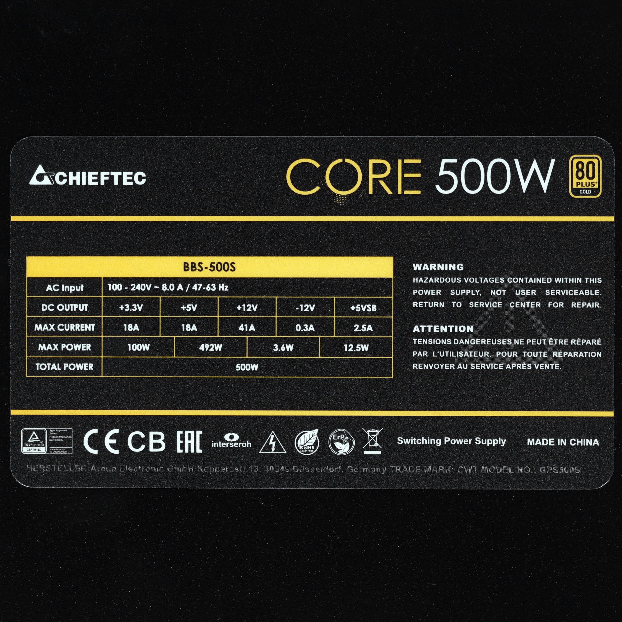 Блок питания Chieftec Core BBS-500S (ATX 2.3, 500W, 80 PLUS GOLD, Active PFC, 120mm fan) Retail