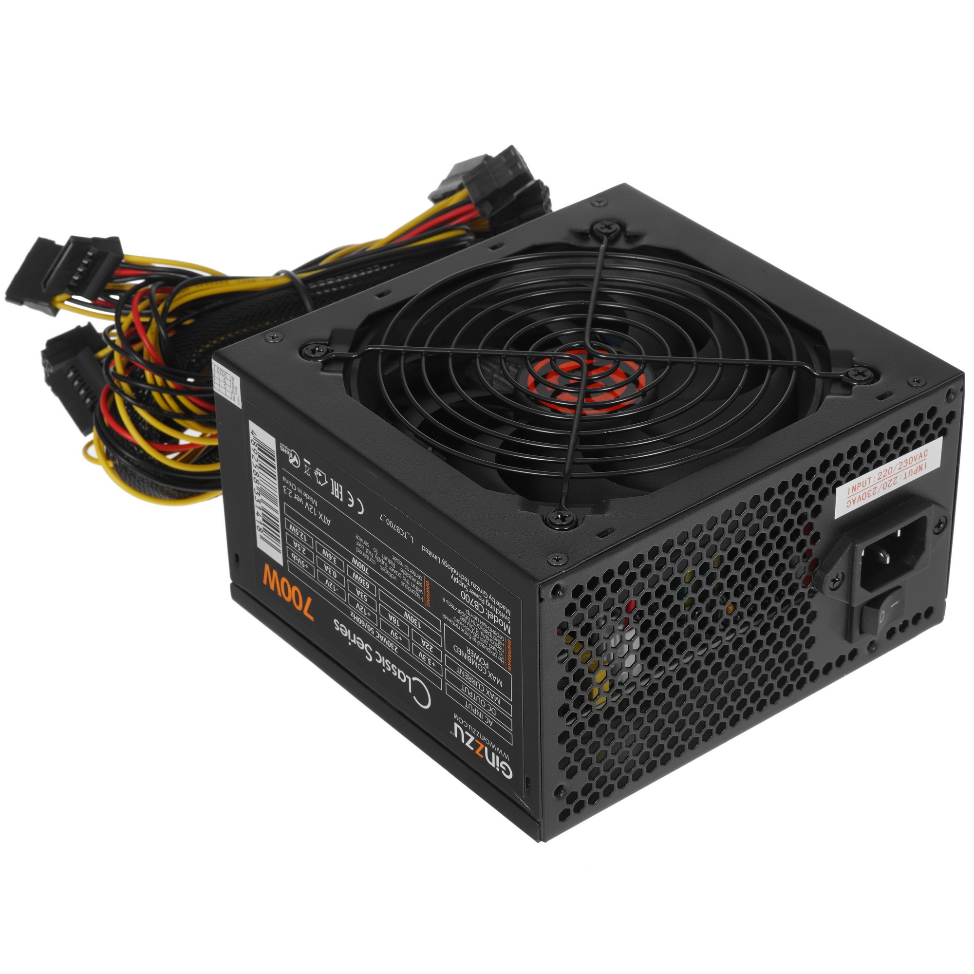 Блок питания Ginzzu CB700 12CM black,24+4p,2 PCI-E(6+2), 6*SATA, 3*IDE,оплетка MB, кабель питания