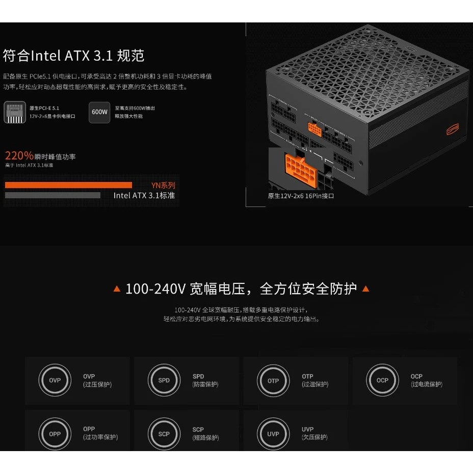 Блок питания  PCCOOLER, 850W 80+ Gold (ATX, 3.1, PCIe 5.1 600W, Full modular, 1x24(20+4)pin 550mm, 2