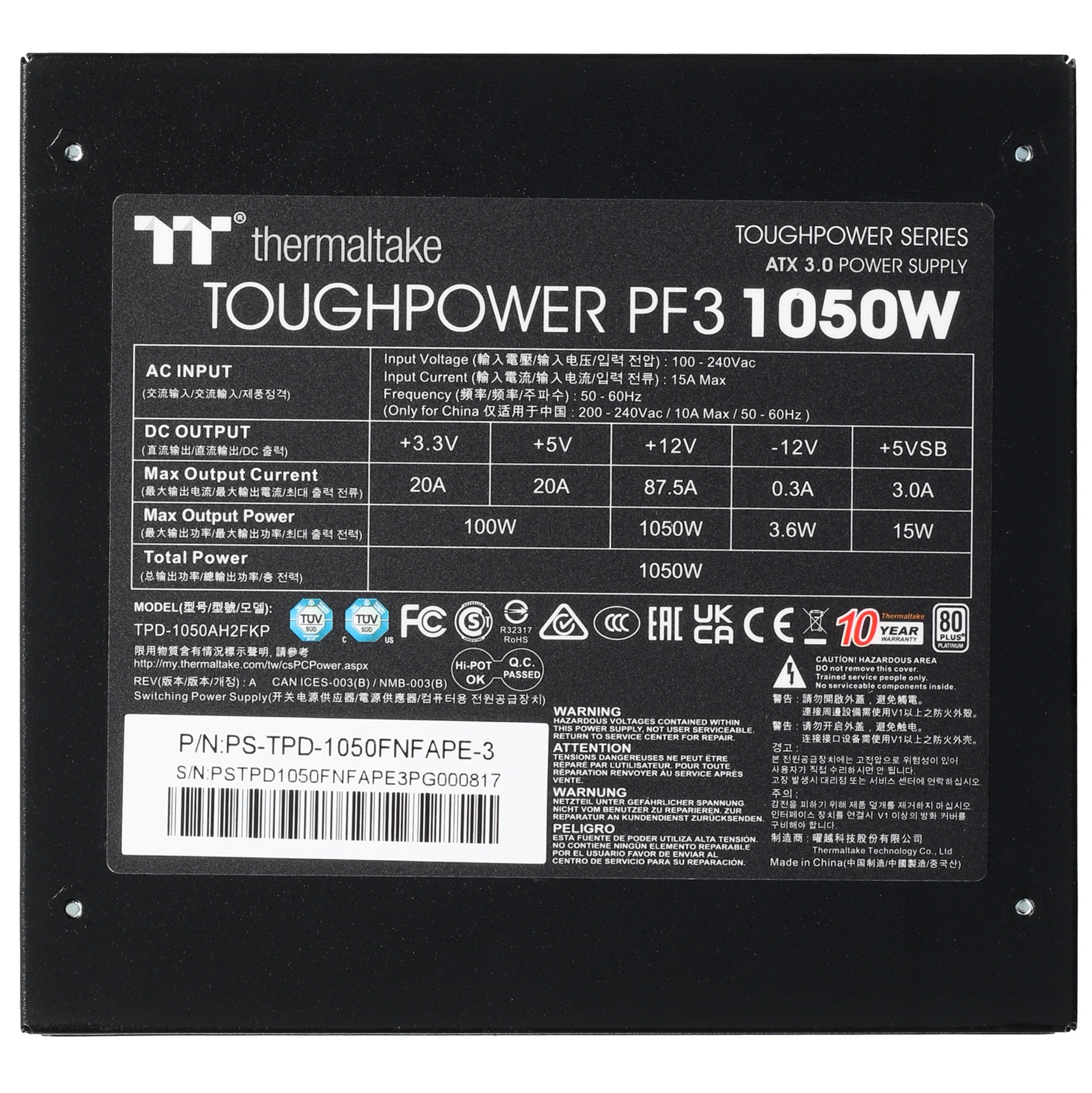 Блок питания Thermaltake Toughpower PF3 PS-TPD-1050FNFAPE-3 1050W/Fully Modular/Non Light/Full Range