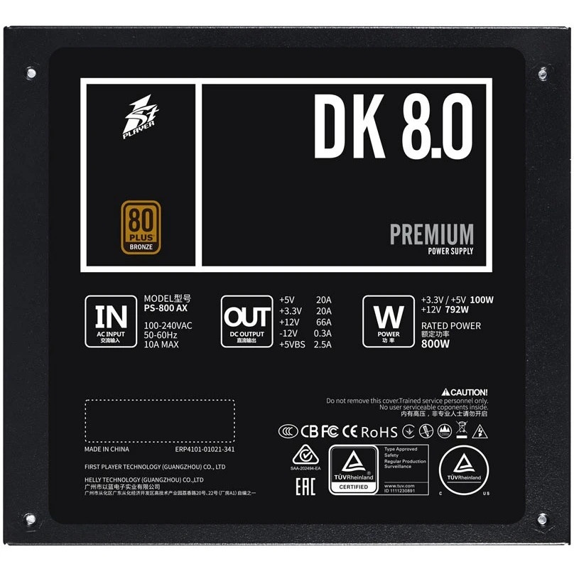 Блок питания 1STPLAYER DK PREMIUM 800W, 800Вт, 80 PLUS Bronze, 120мм, черный