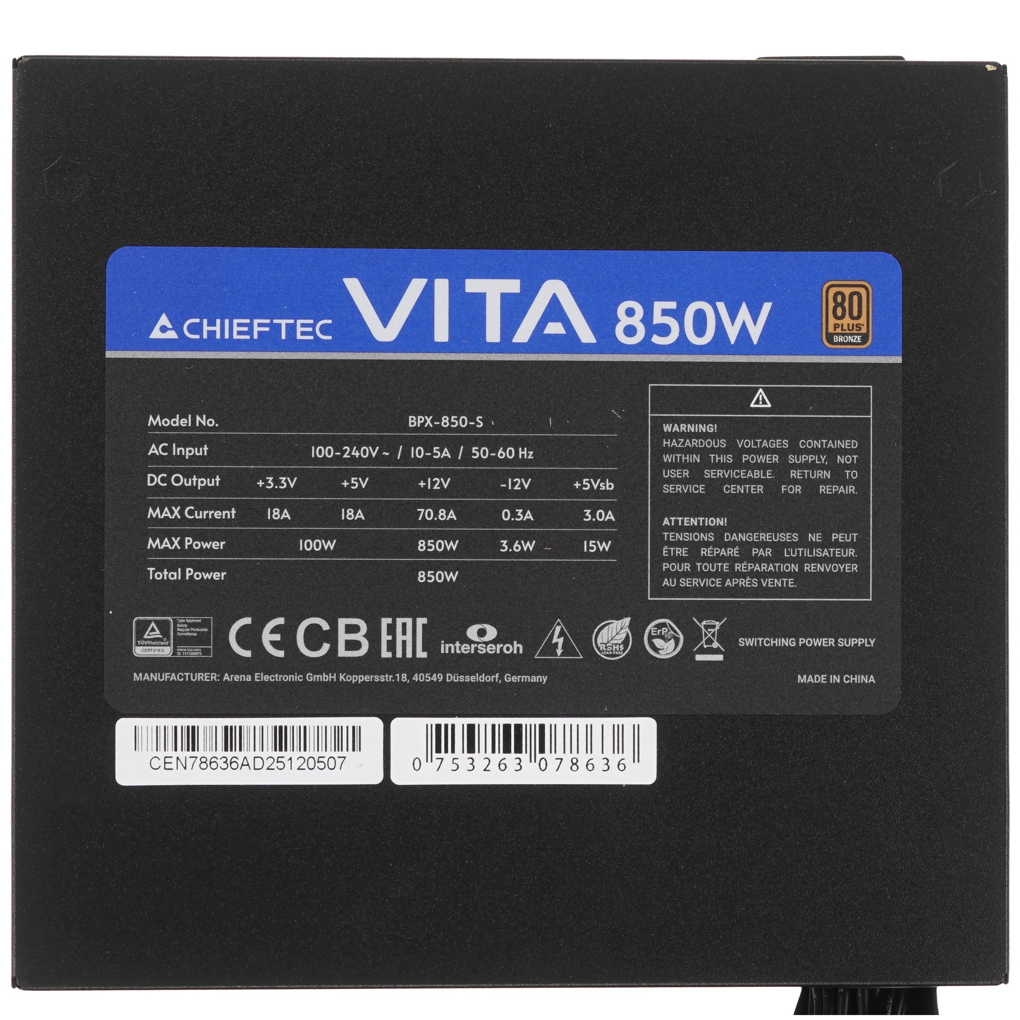 Блок питания Chieftec Vita SM3 BPX-850-C (ATX 3.1, 850W, 80 PLUS BRONZE, Active PFC, 120mm fan, Semi