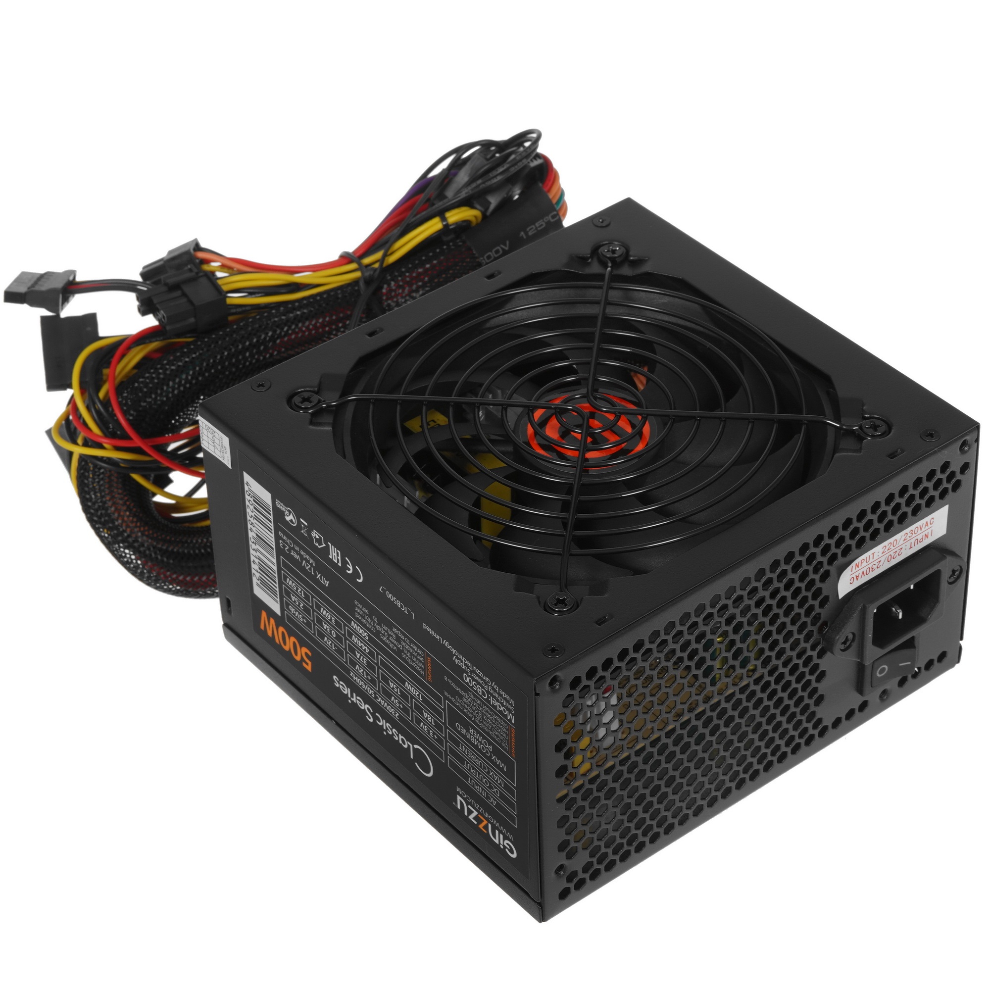 Блок питания Ginzzu CB500 12CM black,24+4p,PCI-E, 4*SATA, 3*IDE,оплетка MB, кабель питания