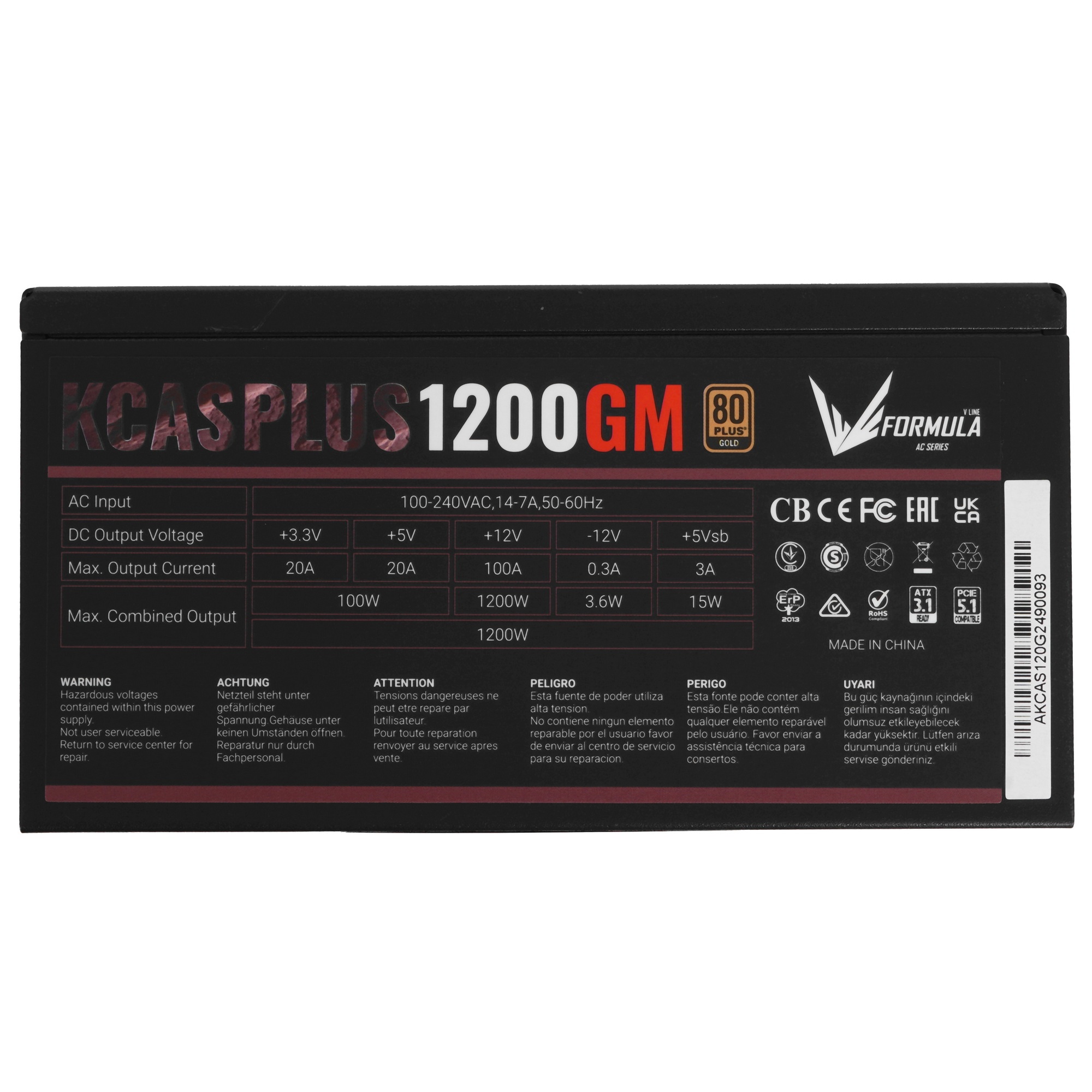 Блок питания Aerocool / Formula KCAS PLUS 1200GM V2, 1200Вт, 80 PLUS Gold, модульный, 140мм, черный