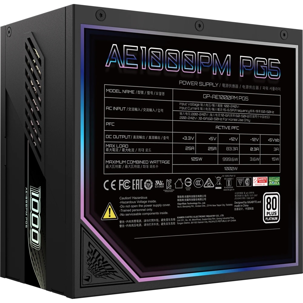 Блок питания Gigabyte ATX 1000W GP-AE1000PM PG5 Gen.5 80+ platinum (20+4pin) APFC 120mm fan 16xSATA