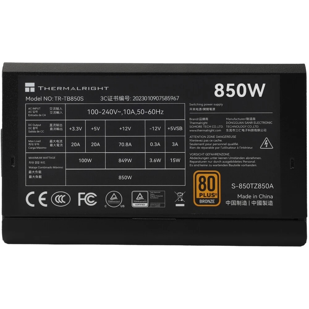 Блок питания Thermalright TR-TB850S 850W 80 PLUS Bronze, (ATX, 3, PCIe 5.0, Non-modular, 1x24(20+4)p