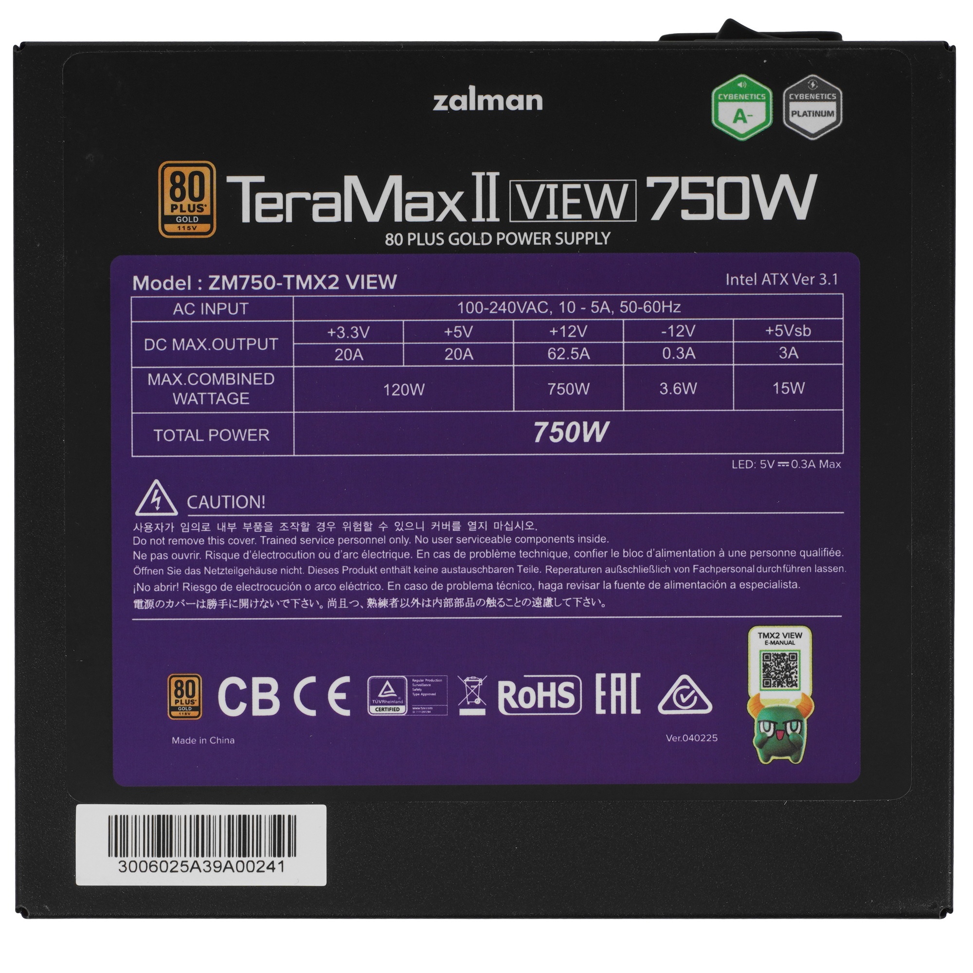 Блок питания Zalman ZM750-TMX2 VIEW, 750W, ATX12V v3.0, APFC, 12cm Fan, 80+ Gold Gen5, Full Modular,