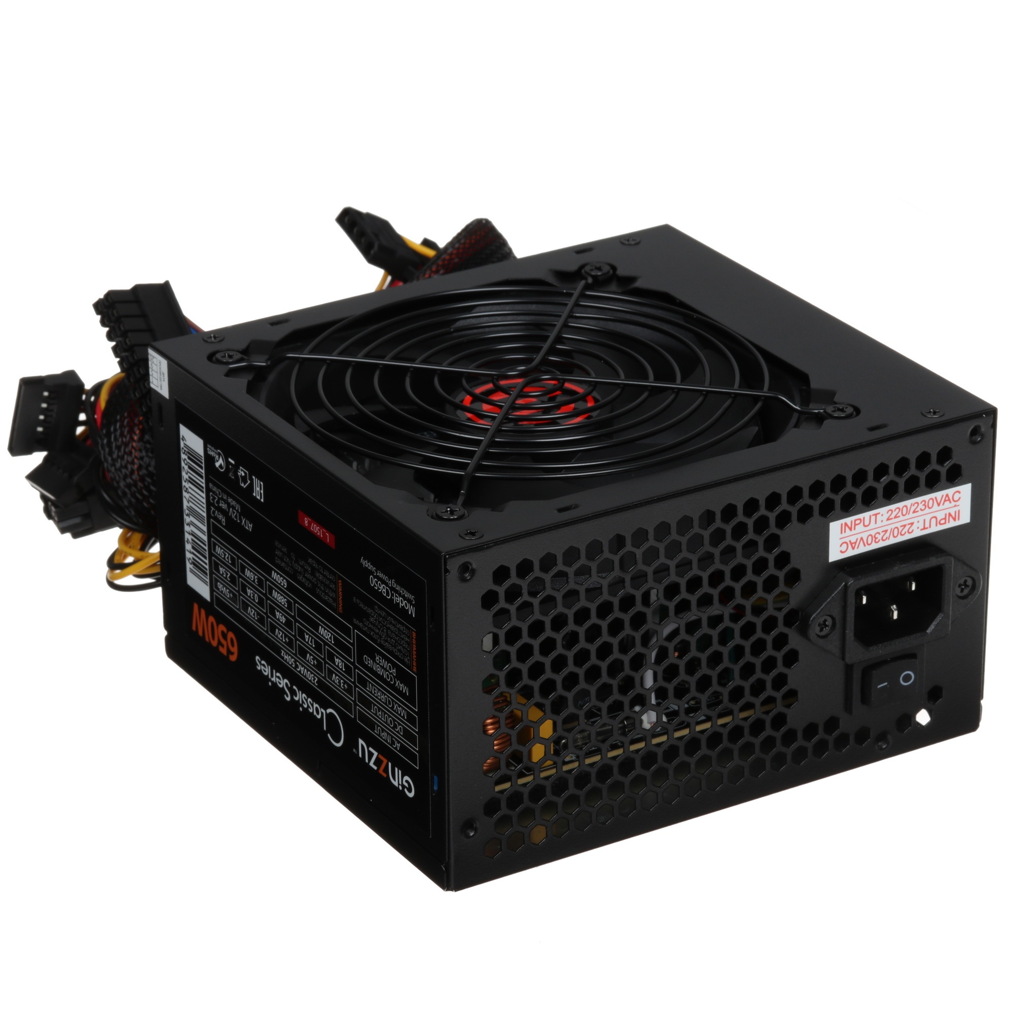 Блок питания Ginzzu CB650 12CM black,24+4p,2 PCI-E(6+2), 4*SATA, 3*IDE,оплетка MB, кабель питания