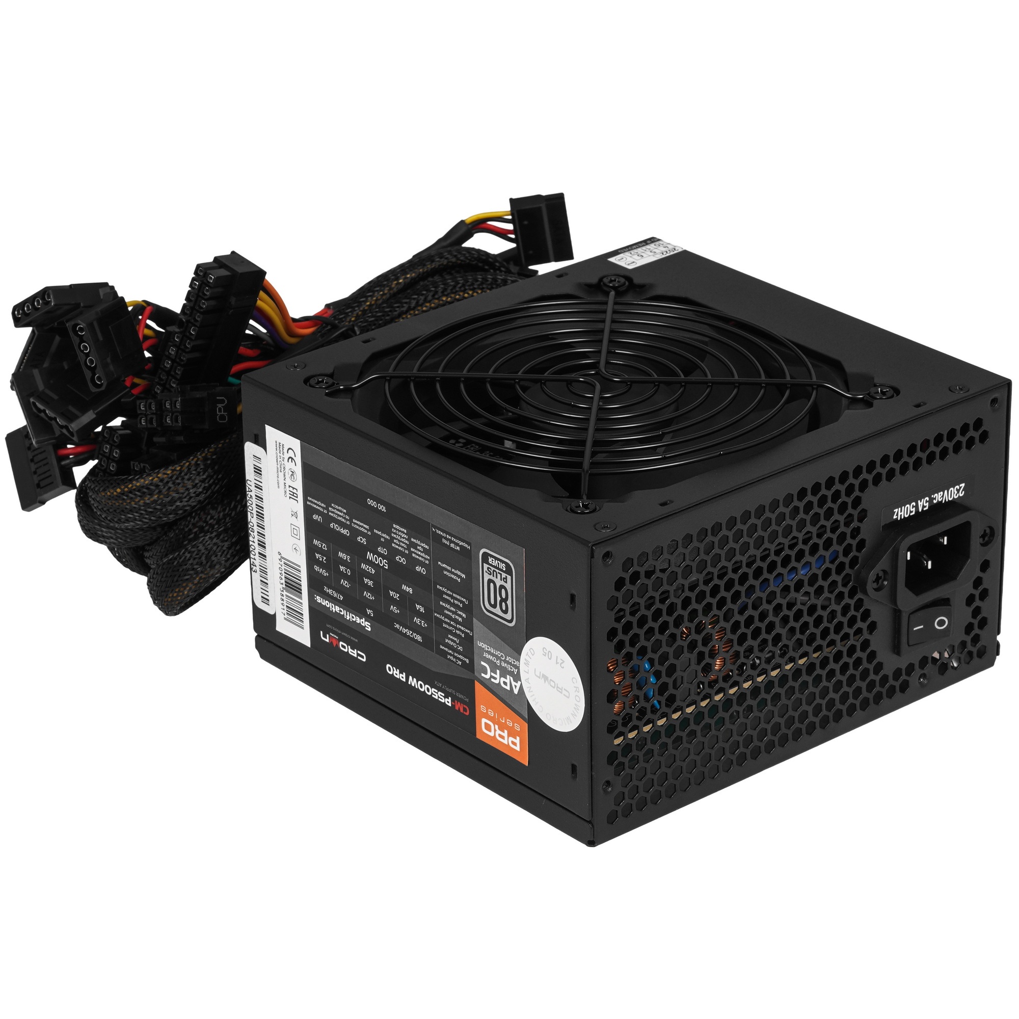 Блок питания CROWN CM-PS500W PRO (ATX, 500W, 80 PLUS SILVER 89%, APFC 20+4in 500mm, длина корпуса 14