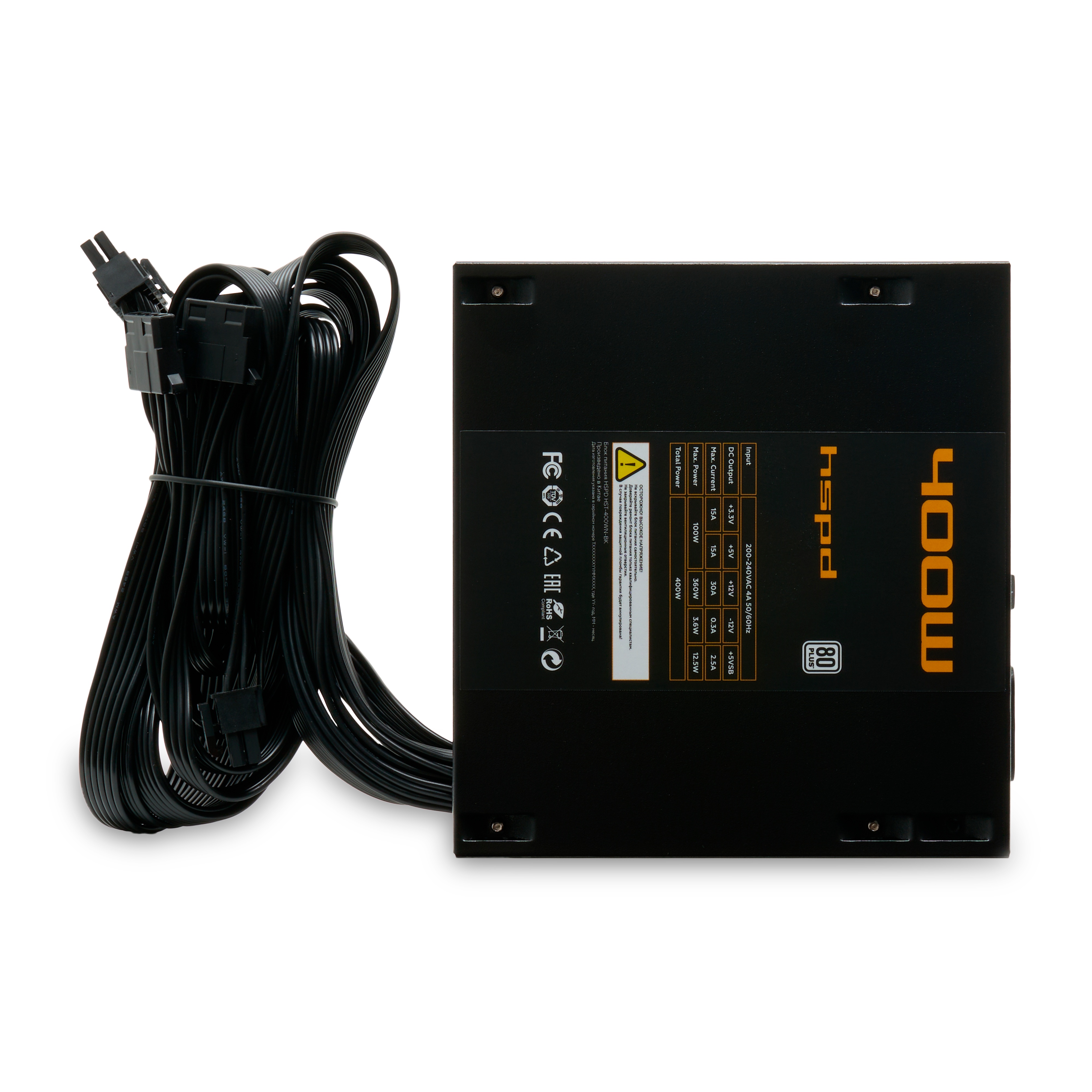 Блок питания HSPD, 400W 80+ White (ATX, 2.31, Non-modular, 1x24(20+4)pin 500mm, 1xCPU 8(4+4)pin 550m