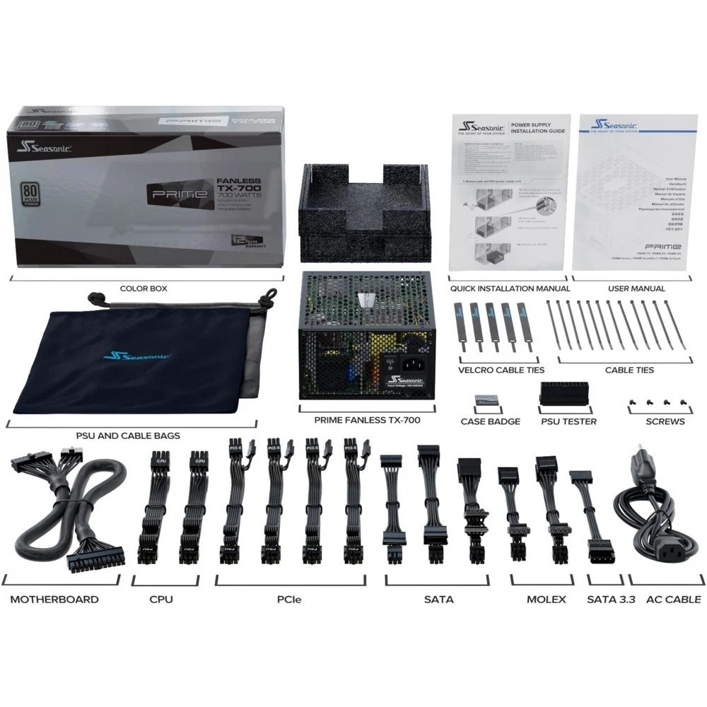 Блок питания Seasonic ATX 700W PRIME Fanless TX-700 80 PLUS titanium 24+2x(4+4) pin APFC 10xSATA Cab