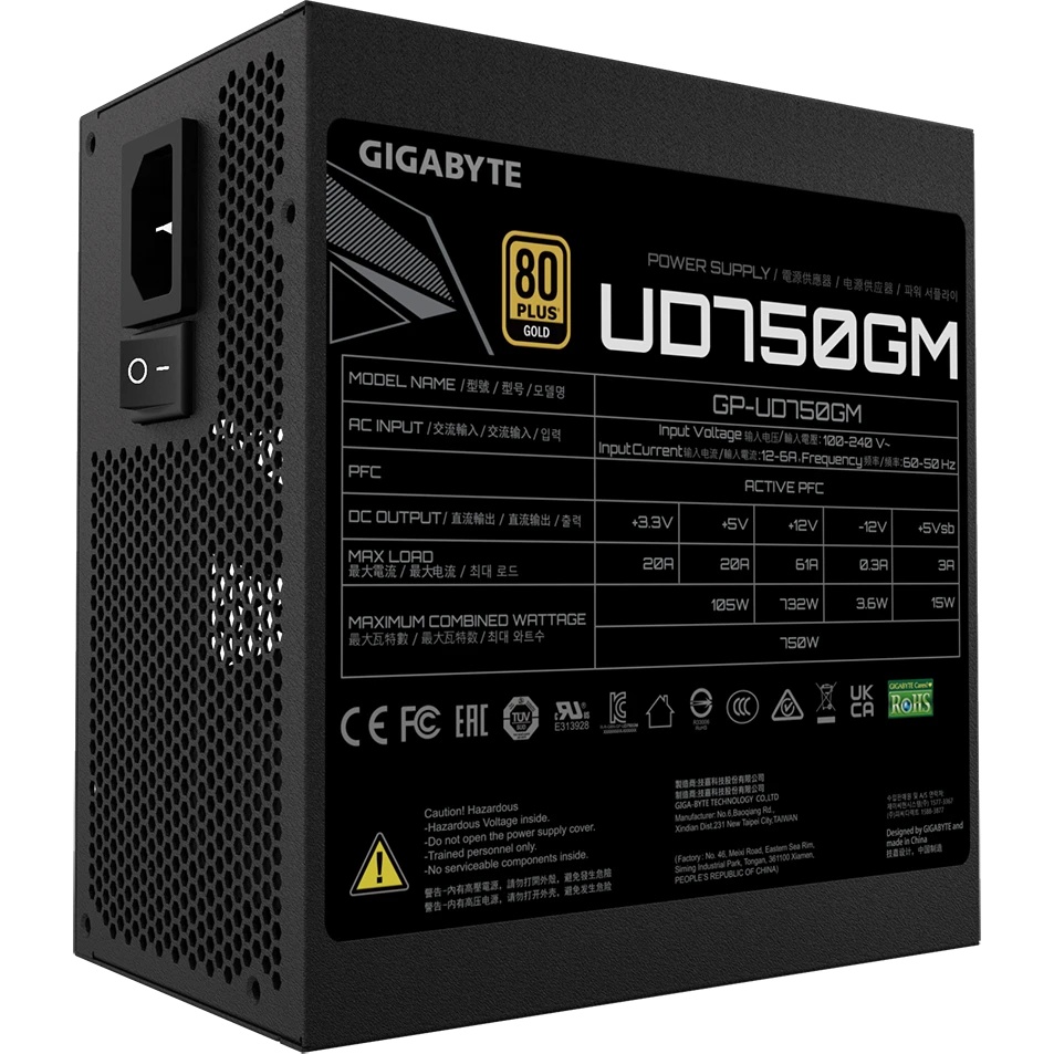 Блок питания Gigabyte ATX 750W GP-UD750GM 80+ gold 24+2x(4+4) pin APFC 120mm fan 8xSATA Cab Manag RT