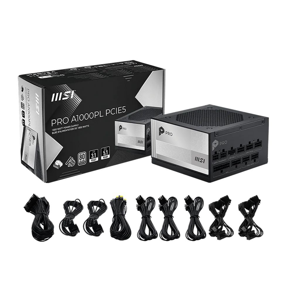 Блок питания ПК MSI PRO A1000PL PCIE5 1000W, 80+ Platinum, полностью модульный, ATX 3.1, PCIE5.1, RT