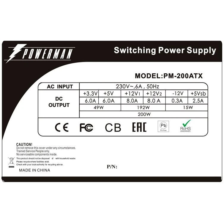 Блок питания POWERMAN 200W (PM-200ATX) for EQ series, ITX, no PFC, 4cm Fan  OEM