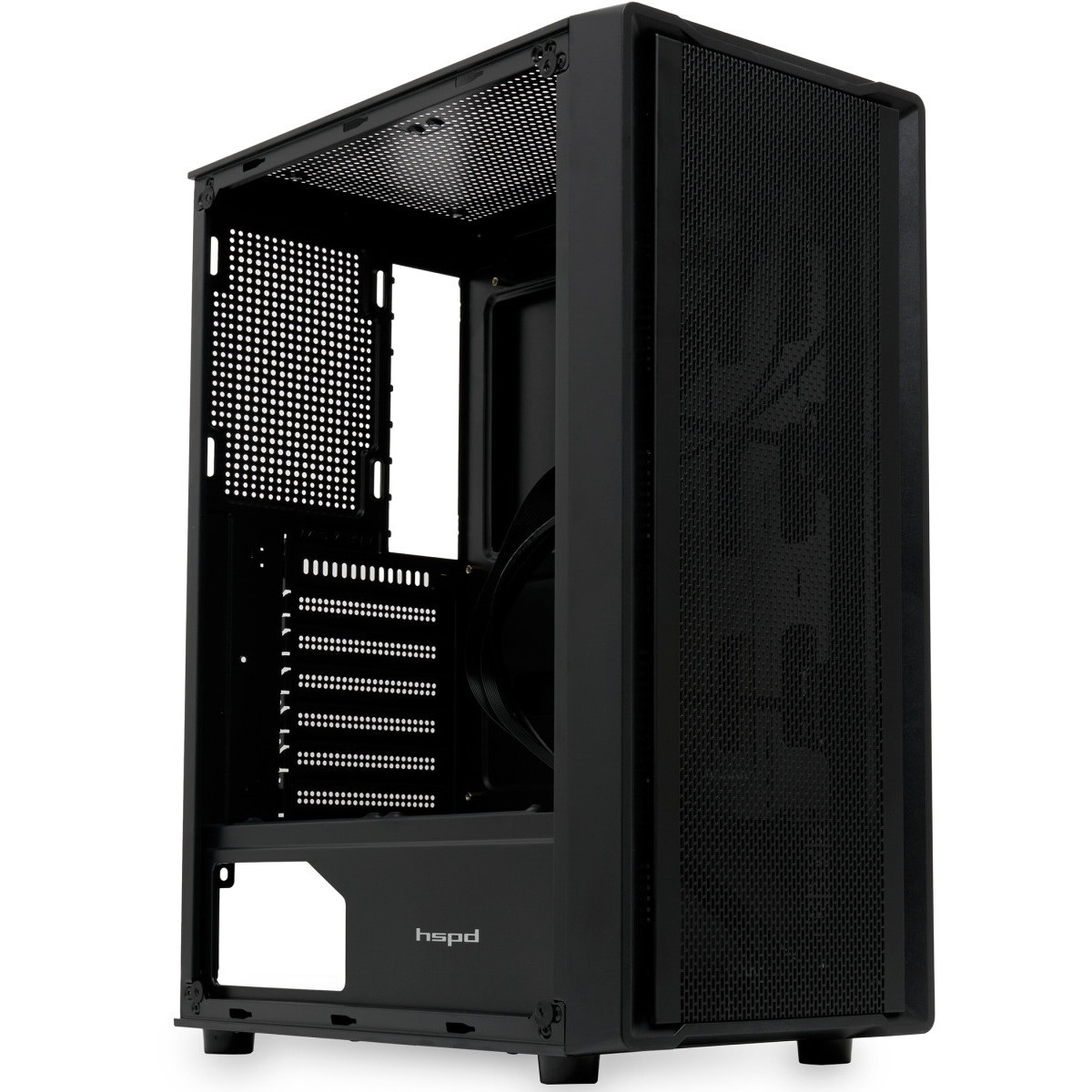 Компьютерный корпус  HSPD M521, Mesh Mid Tower, Black, slide TG, 0.45 SPCC, 4x120mm ARGB ATX, mATX,