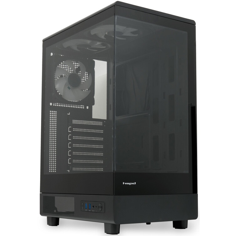 Корпус без блока питания HSPD F711-TGBK, Panoramic Full Tower, Black, TG, 0.7 SPCC, no fans ATX, mAT