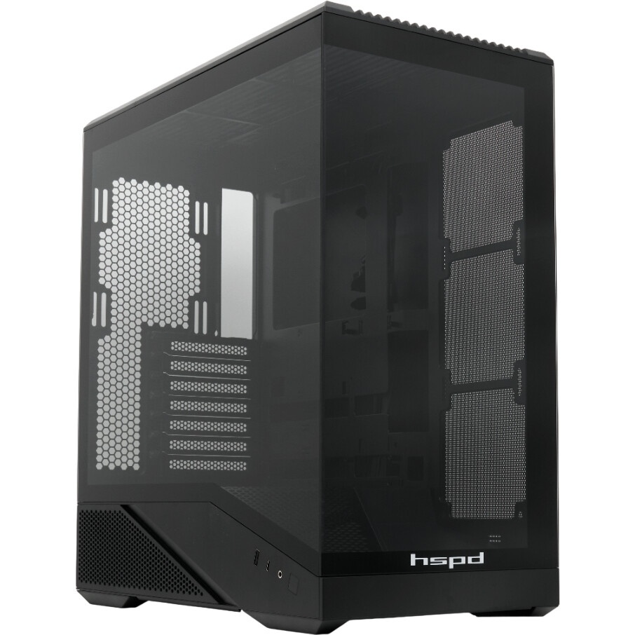 Корпус без блока питания HSPD F711-TGBK, Panoramic Full Tower, Black, TG, 0.7 SPCC, no fans ATX, mAT