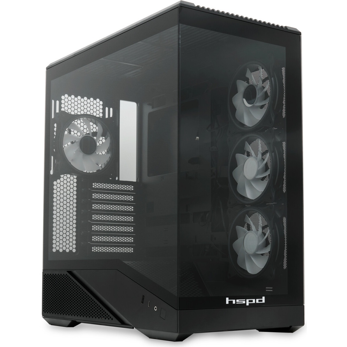 Корпус без блока питания HSPD F711-TGBK, Panoramic Full Tower, Black, TG, 0.7 SPCC, no fans ATX, mAT