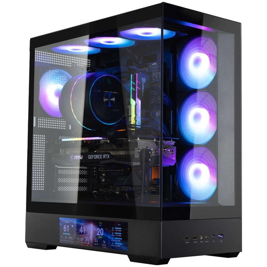 Корпус без блока питания HSPD F711-TGBK-ARGB, Panoramic Full Tower, Black, TG, 0.7 SPCC, 4x120mm ARG