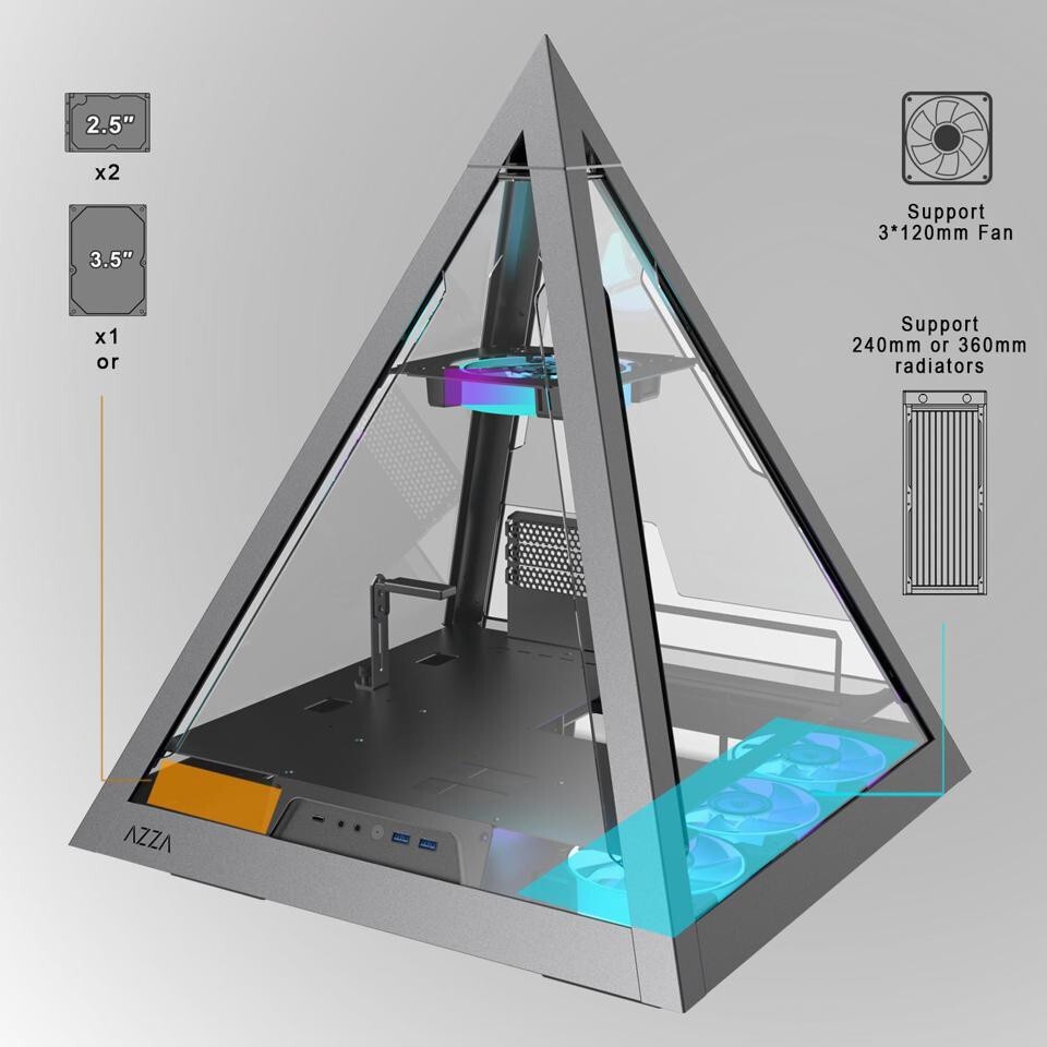 Корпус Azza Pyramid L черный/серебристый без БП ATX 6x120mm 2xUSB3.0 audio bott PSU