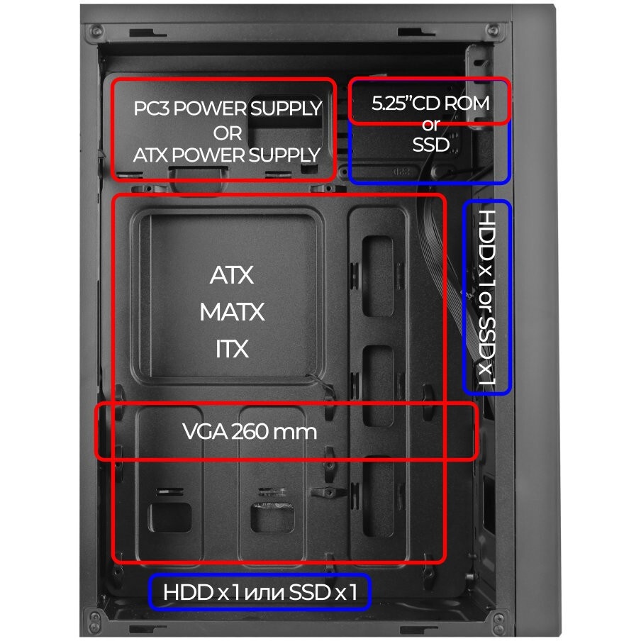 Корпус без блока питания Foxline FL-302, ATX, 2x5.25EXT, 1x3.5EXT, 4x3.5INT, 2xUSB2.0, HDA, w/o FAN,