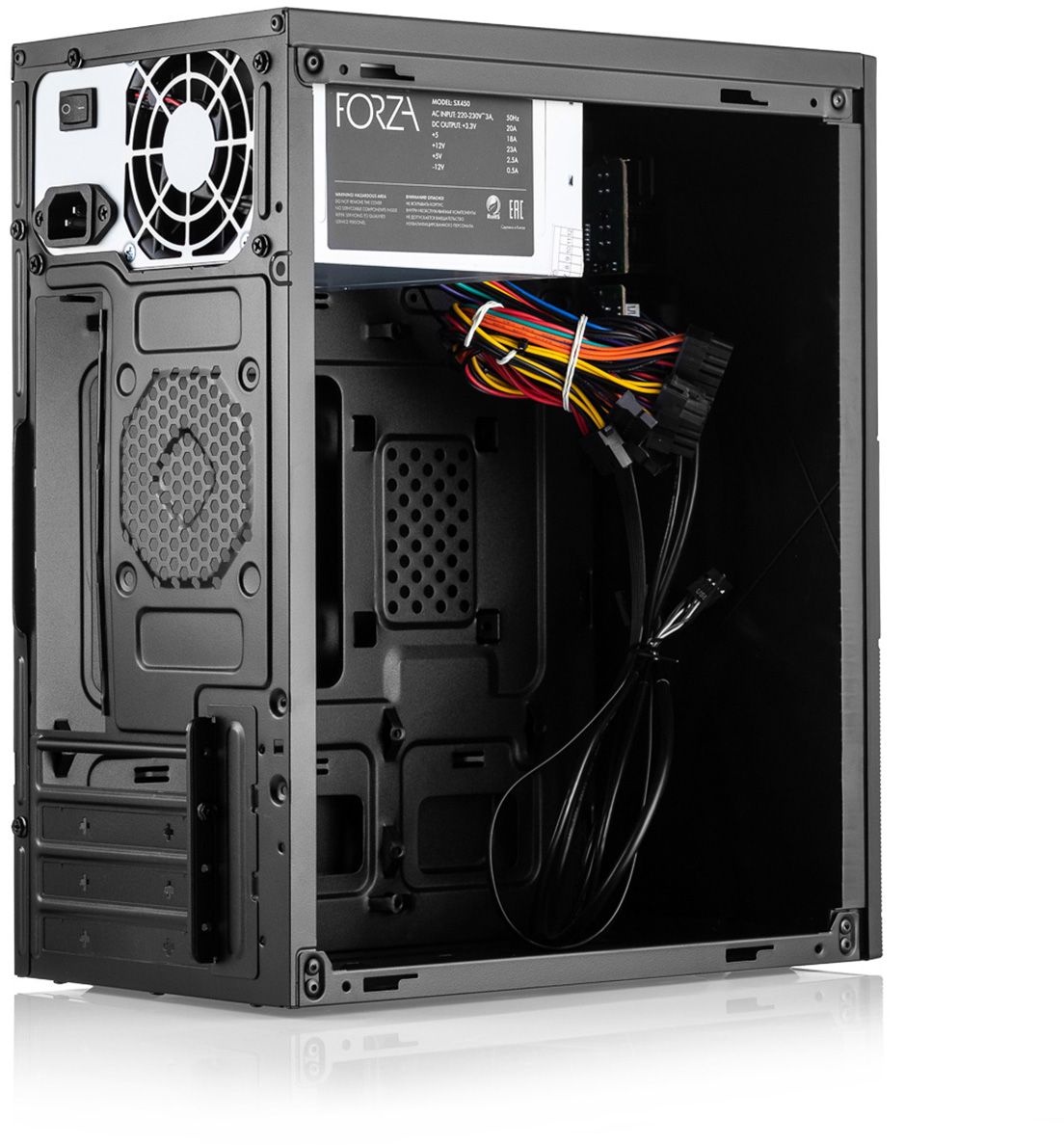 Компьютерный корпус с блоком питания 450Вт. Case Forza mATX, 450W, 2xUSB2.0, Black, w/o FAN, 8 cm fa