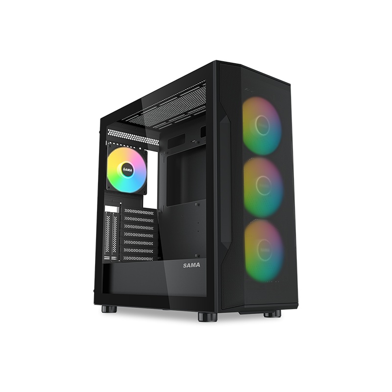 Корпус ПК без блока питания SAMA S40 Black, Midi-Tower, TG, 4x120mm ARGB, 2xUSB 3.0 + 1xUSB 3.1 Type