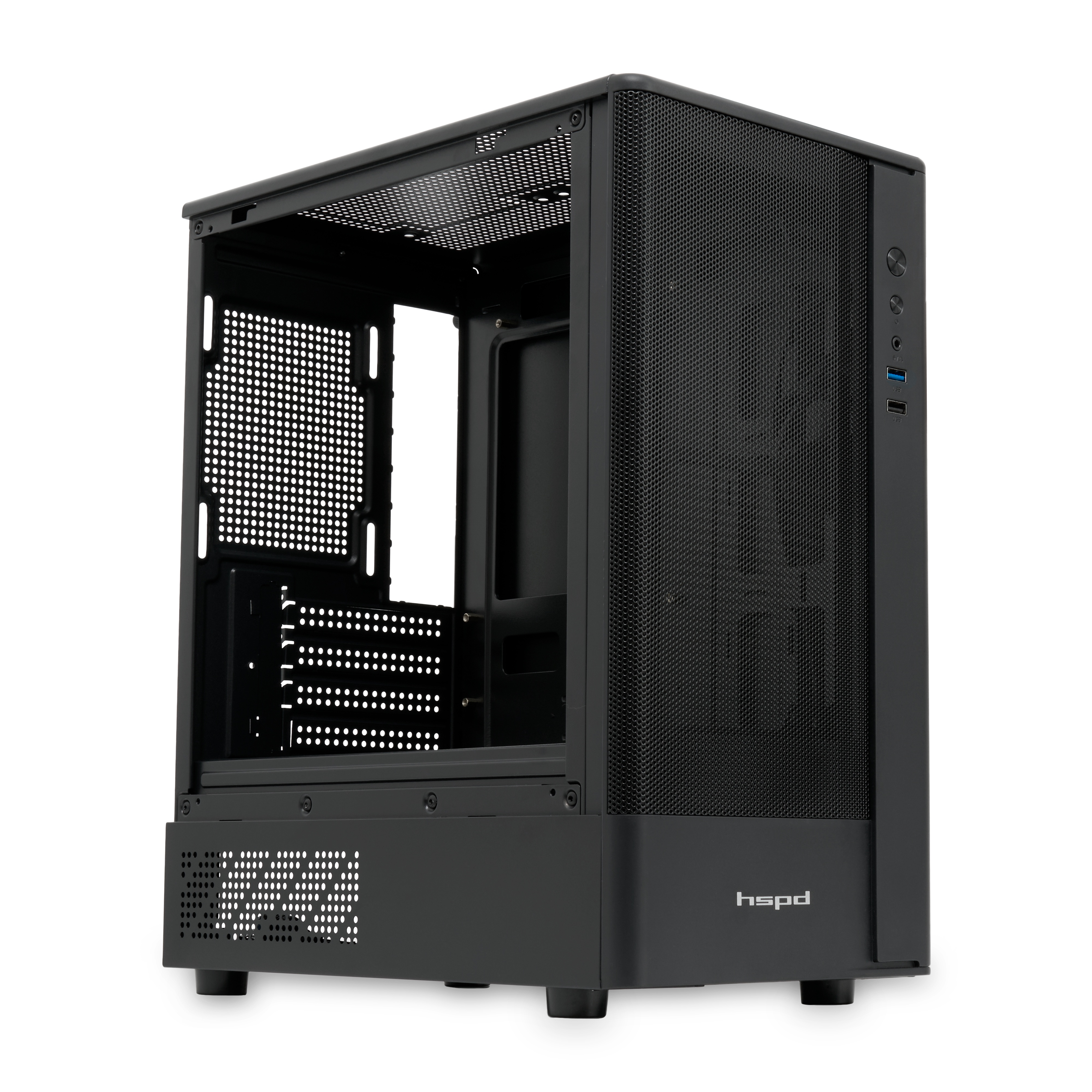 Корпус без блока питания/ Case HSPD M332, Mesh Mini-tower, Black, TG, 0.4 SPCC, no fans, mATX, mITX,