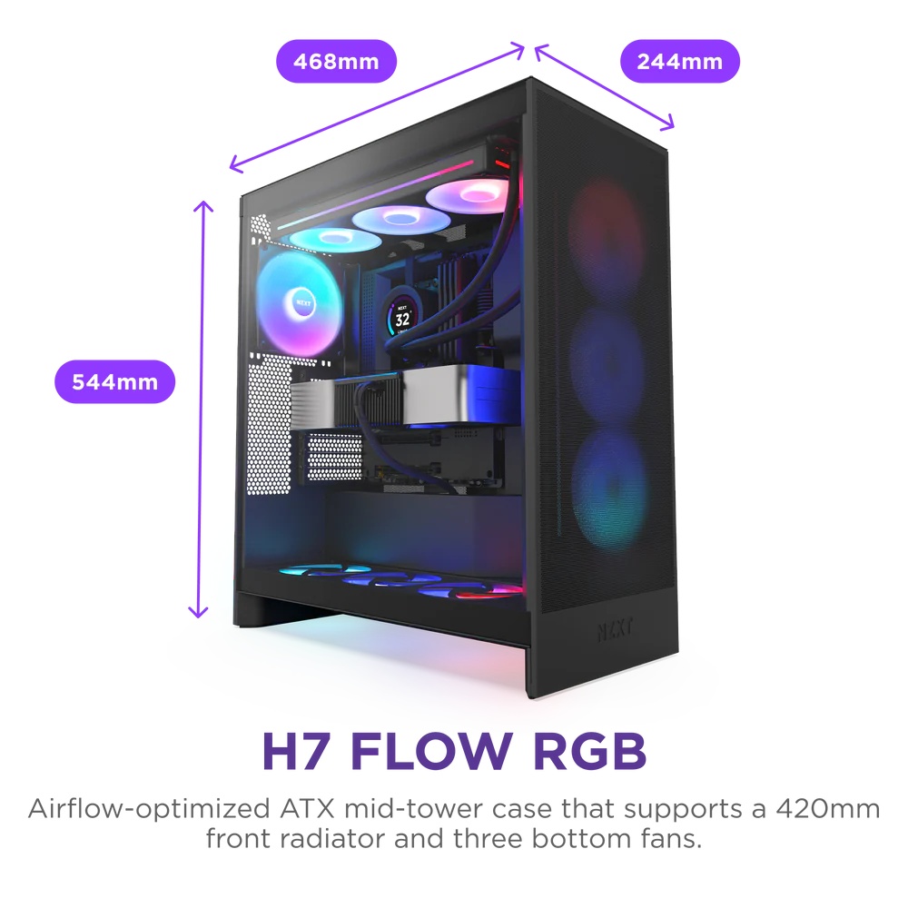 Корпус без блока питания/ Case NZXT H7 Flow RGB, Midi-Tower, TG, 3x120mm RGB, 2xUSB-A 3.2 + 1xUSB-C