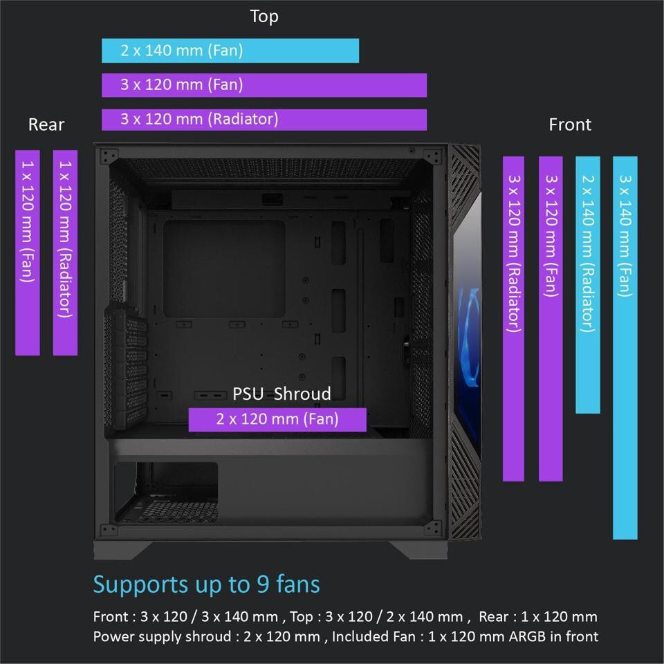 Компьютерный корпус Azza Eclipse черный без БП ATX 9x120mm 5x140mm 2xUSB2.0 1xUSB3.0 audio bott PSU