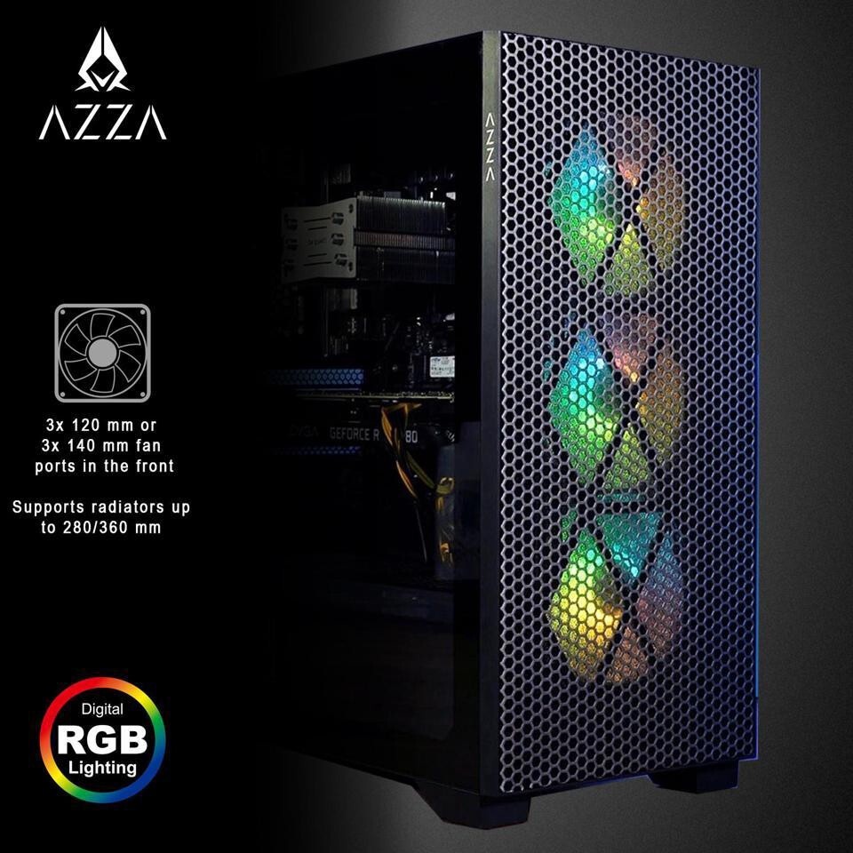 Компьютерный корпус Azza Hive черный без БП ATX 8x120mm 5x140mm 2xUSB2.0 1xUSB3.0 audio bott PSU