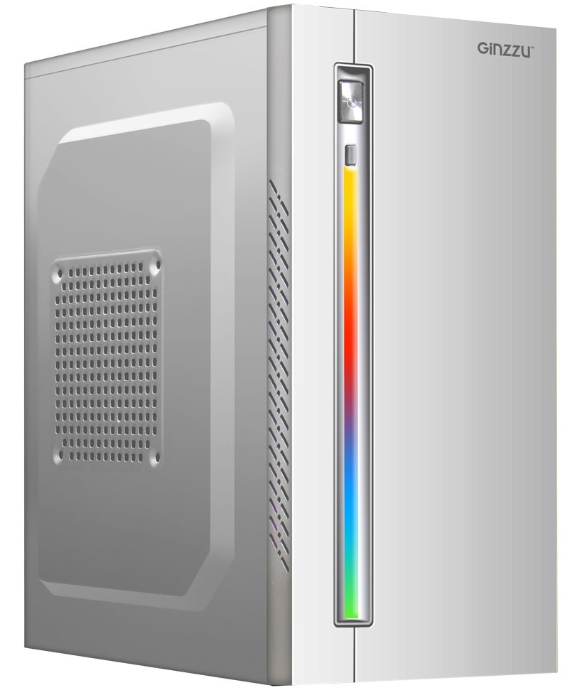 Компьютерный корпус MiniTower Ginzzu D380, RGB, mATX, 2xUSB2.0, белый,без БП, без вентиляторов