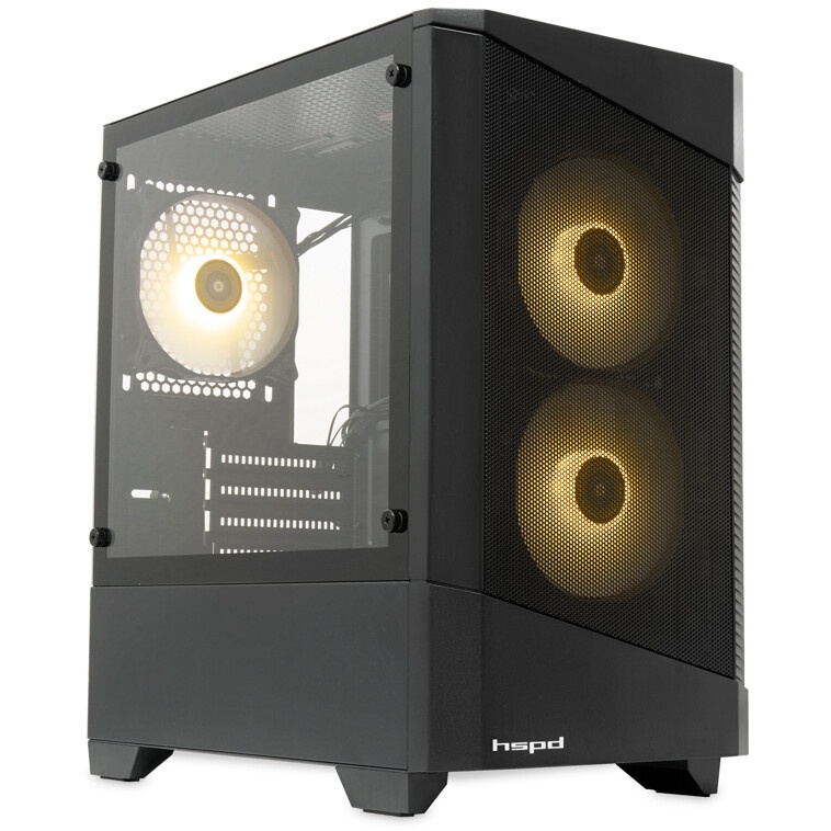 Компьютерный корпус без блока питания HSPD M321, Mesh Mini-tower, Black, slide TG, 0.45 SPCC, 2x140m