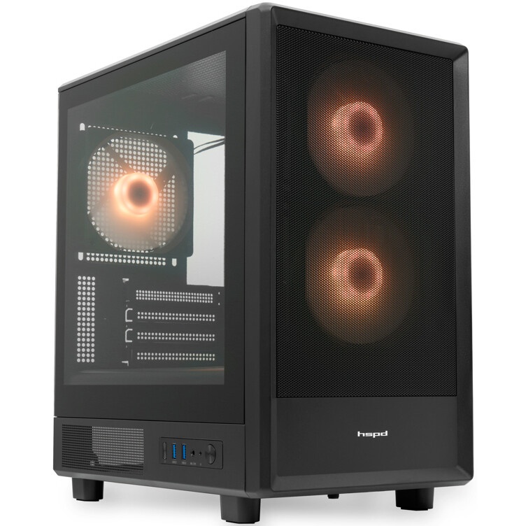 Компьютерный корпус без блока питания HSPD M321, Mesh Mini-tower, Black, slide TG, 0.45 SPCC, 2x140m