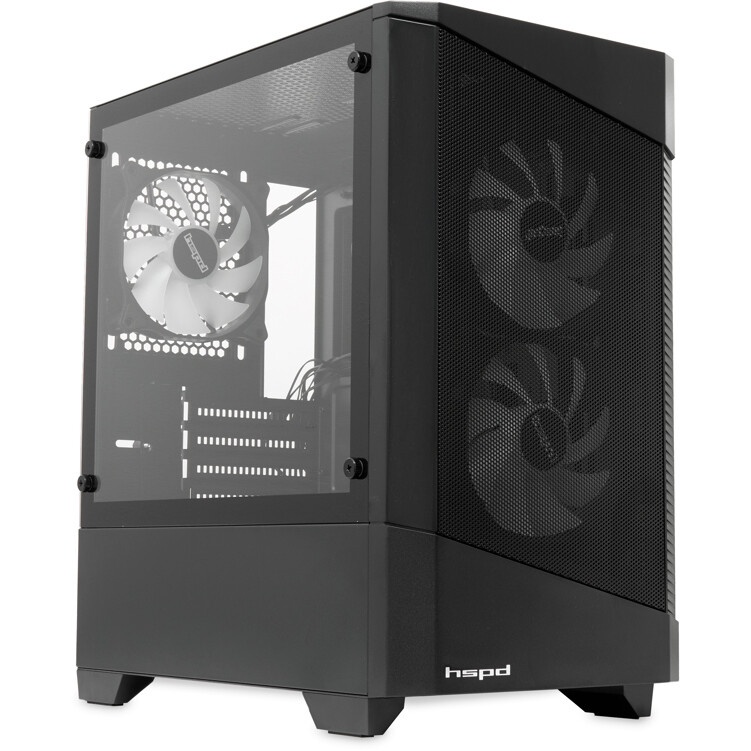 Компьютерный корпус без блока питания HSPD M320, Mesh Mini-tower, Black, slide TG, 0.45 SPCC, 2x140m