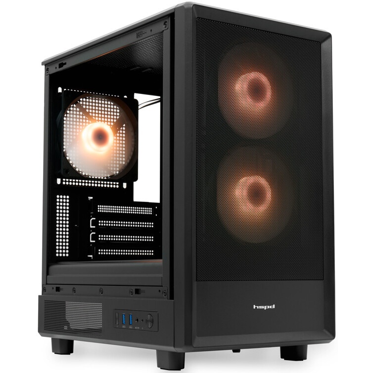 Компьютерный корпус без блока питания HSPD M320, Mesh Mini-tower, Black, slide TG, 0.45 SPCC, 2x140m