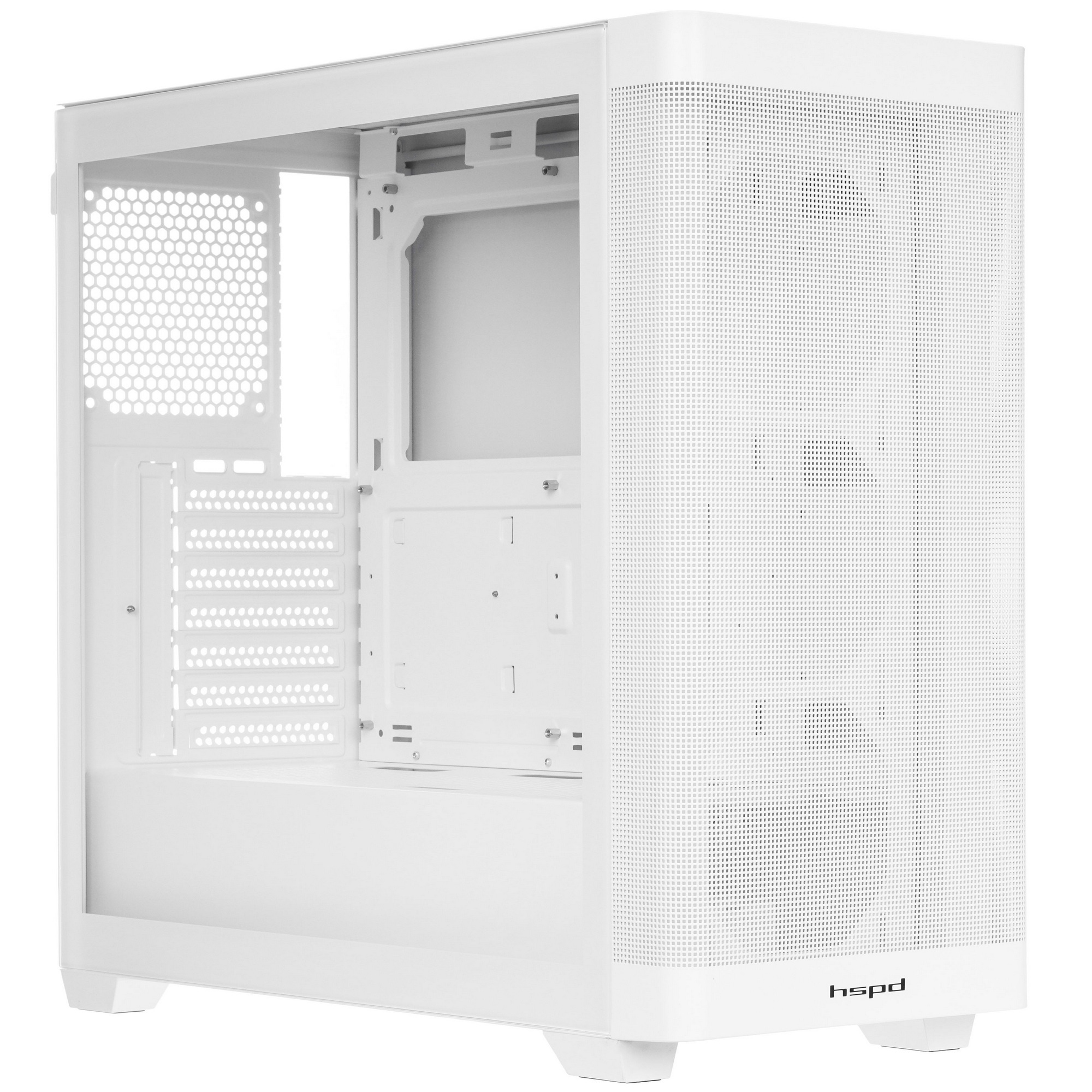 Корпус без блока питания HSPD M740, Mesh Mid Tower, White, TG, 0.6 SPCC, no fans, E-ATX, ATX, mATX,