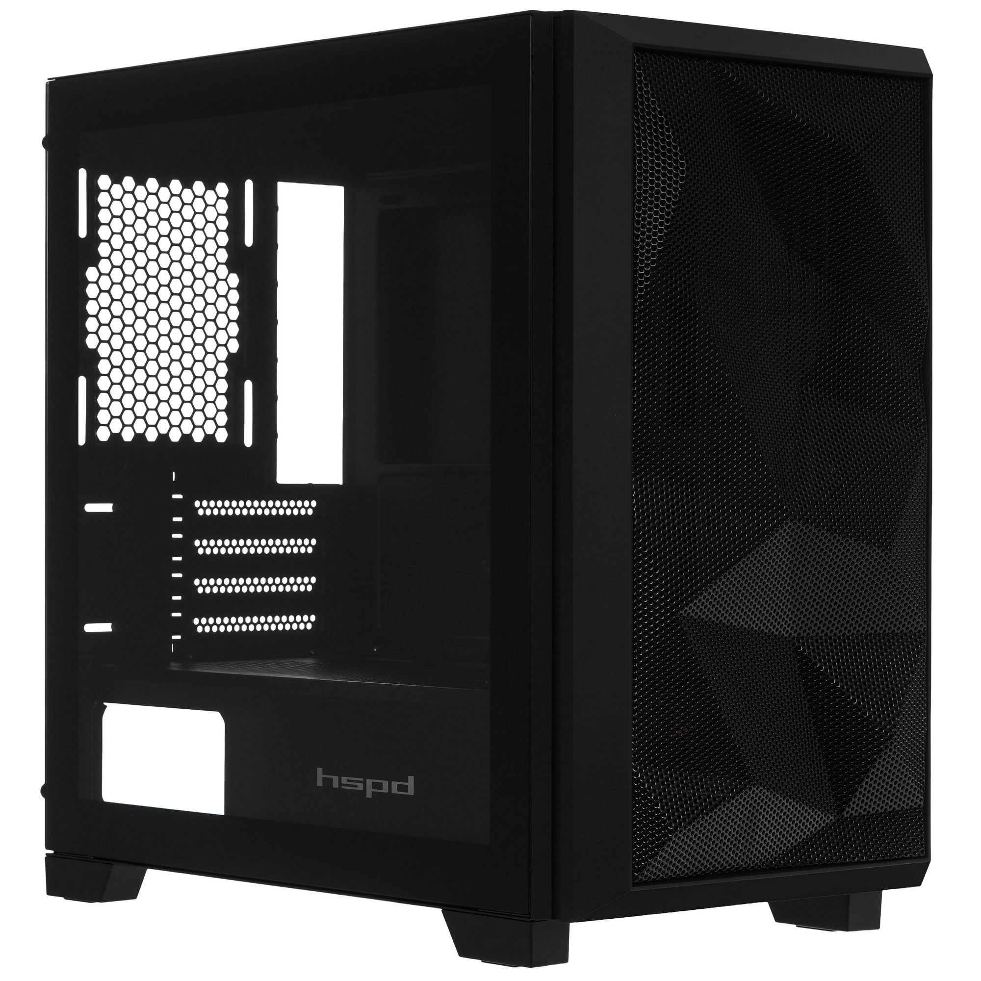 Корпус без блока питания HSPD M340, Mesh Mid Tower, черный, TG, 0.5 SPCC, no fans, mATX, mITX, 165/3