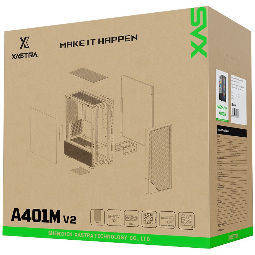 Компьютерный корпус XASTRA A400M 0F Black mATX/Mesh/Screwless TG+Mesh/ no fans/ A400M-0F
