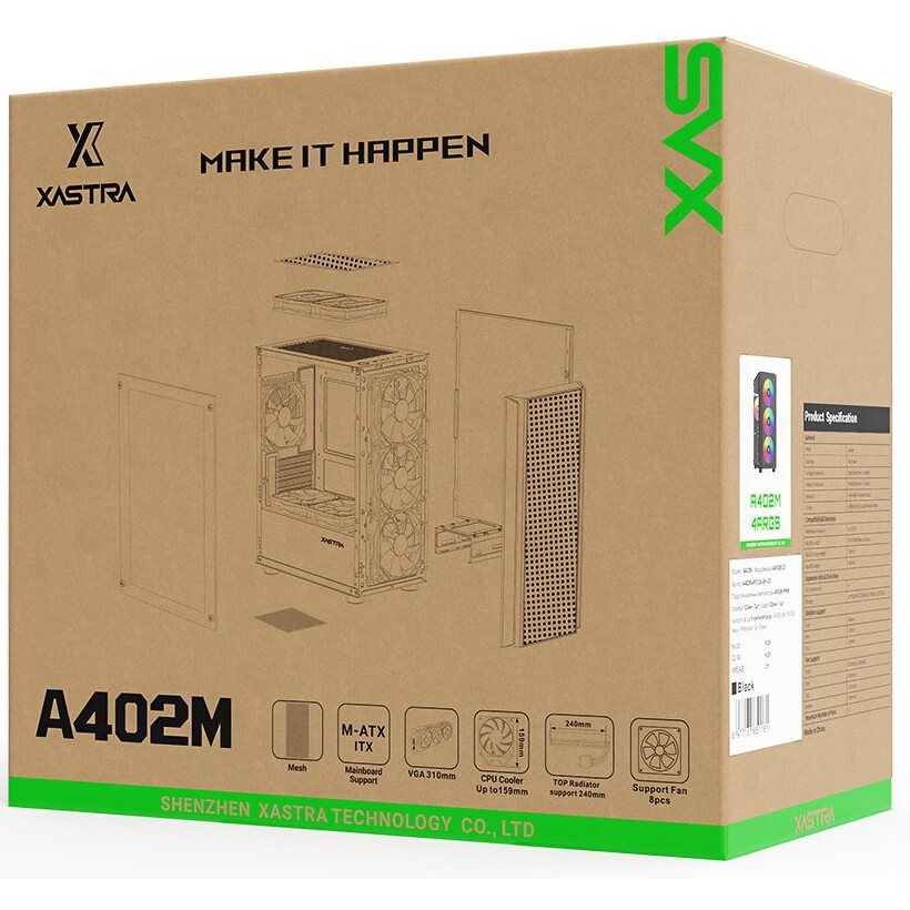 Компьютерный корпус XASTRA A400M 0F Black mATX/Mesh/Screwless TG+Mesh/ no fans/ A400M-0F