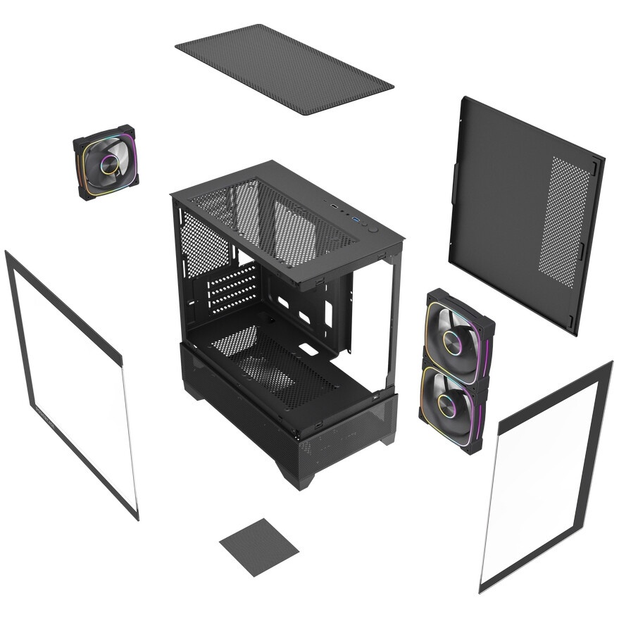 Корпус Powercase Vision Micro M4B, Tempered Glass, Type-C, 3x 120mm ARGB PWM Fan, чёрный, mATX (CVMM4B-A3)