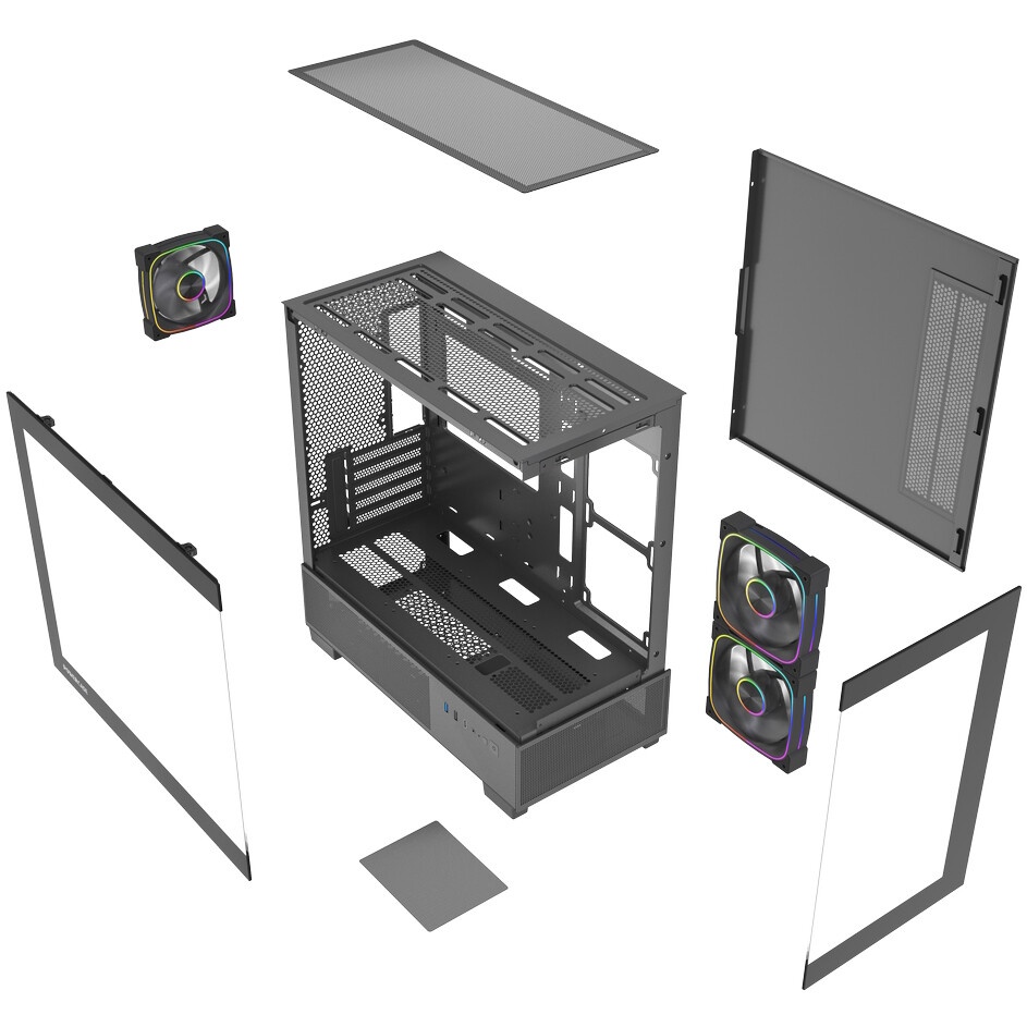 Корпус Powercase Vision Micro M6B, Curved Glass, Type-C, 3x 120mm ARGB PWM Fan, чёрный, mATX  (CVMM6B-A3)