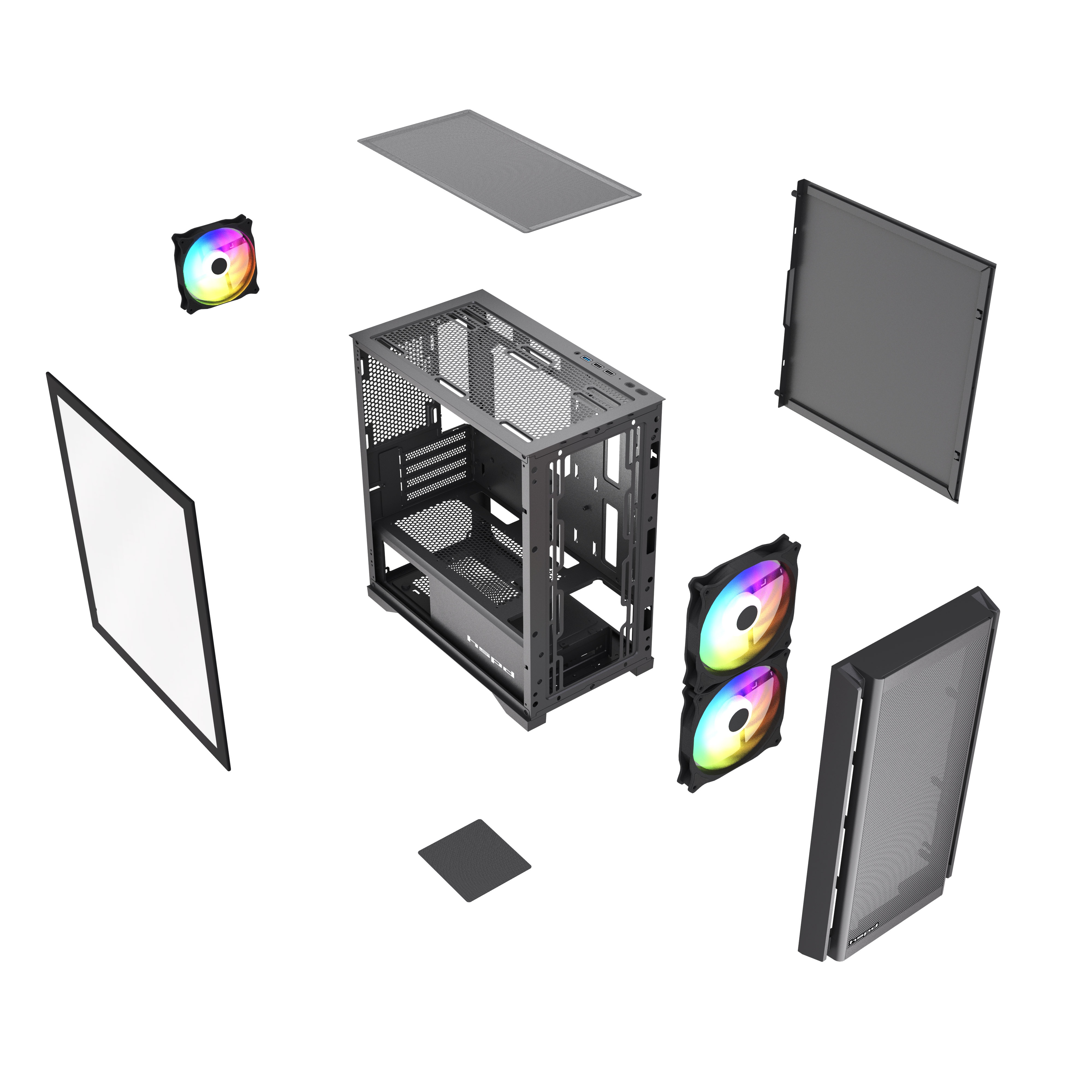Корпус HSPD M336, Mesh Mini-tower, Black, TG, 0.45 SPCC, 2x140mm ARGB + 1x120mm ARGB mATX, mITX 160/