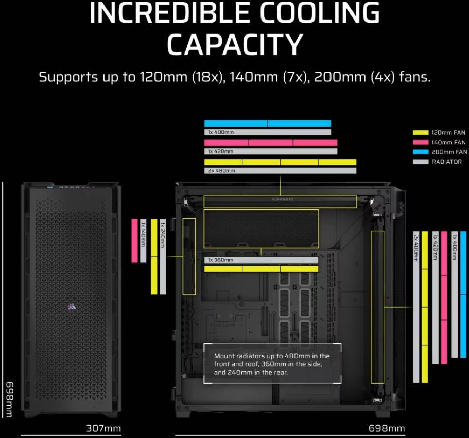 Корпус без блока питания Corsair iCUE LINK 9000D Airflow, Full-Tower, TG, no fan, 4xUSB-A 3.2, 2xUSB