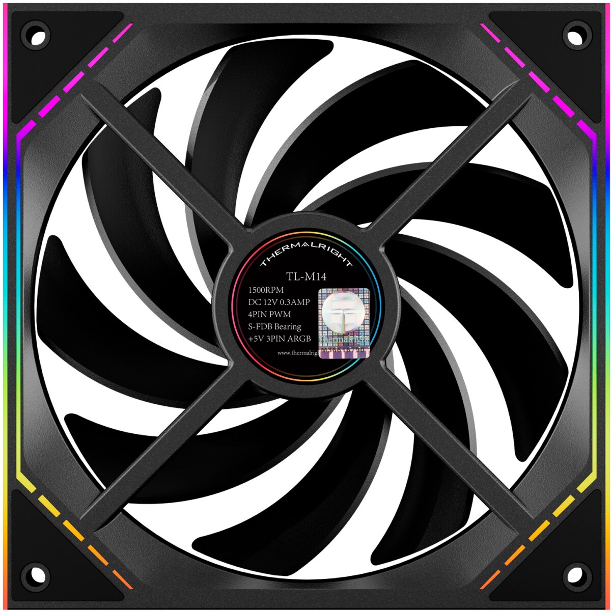 Кулер для корпуса Thermalright TL-M14W (140x144x25mm, 4-pin PWM, ARGB, 88.75CFM, 23.7dBA, 1500RPM, W