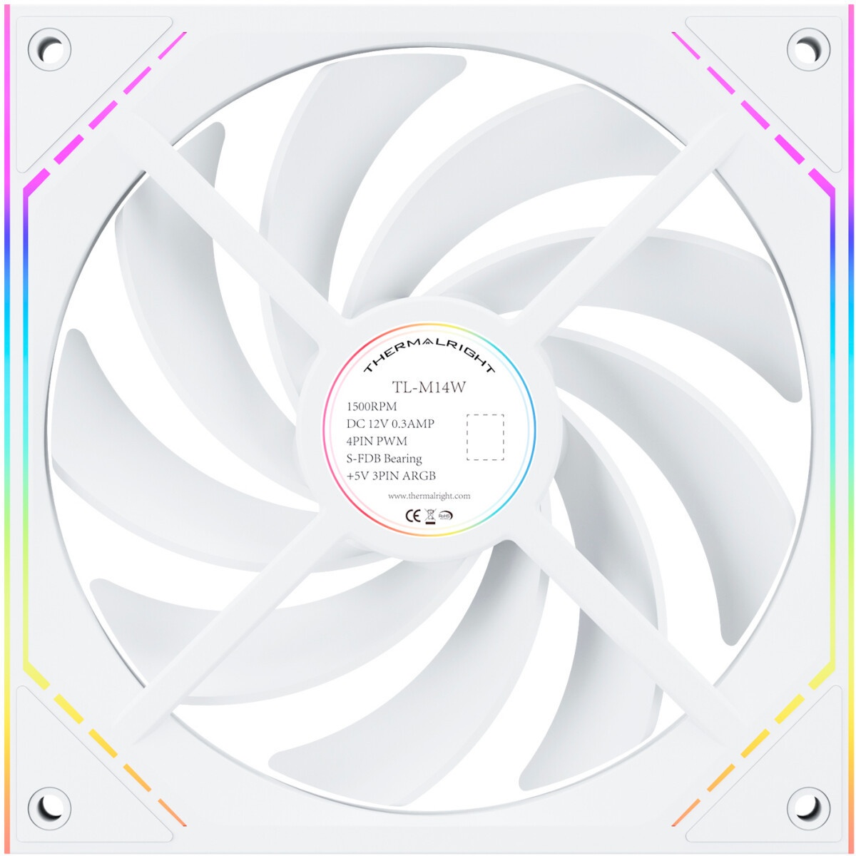 Кулер для корпуса Thermalright TL-M14W (140x144x25mm, 4-pin PWM, ARGB, 88.75CFM, 23.7dBA, 1500RPM, W