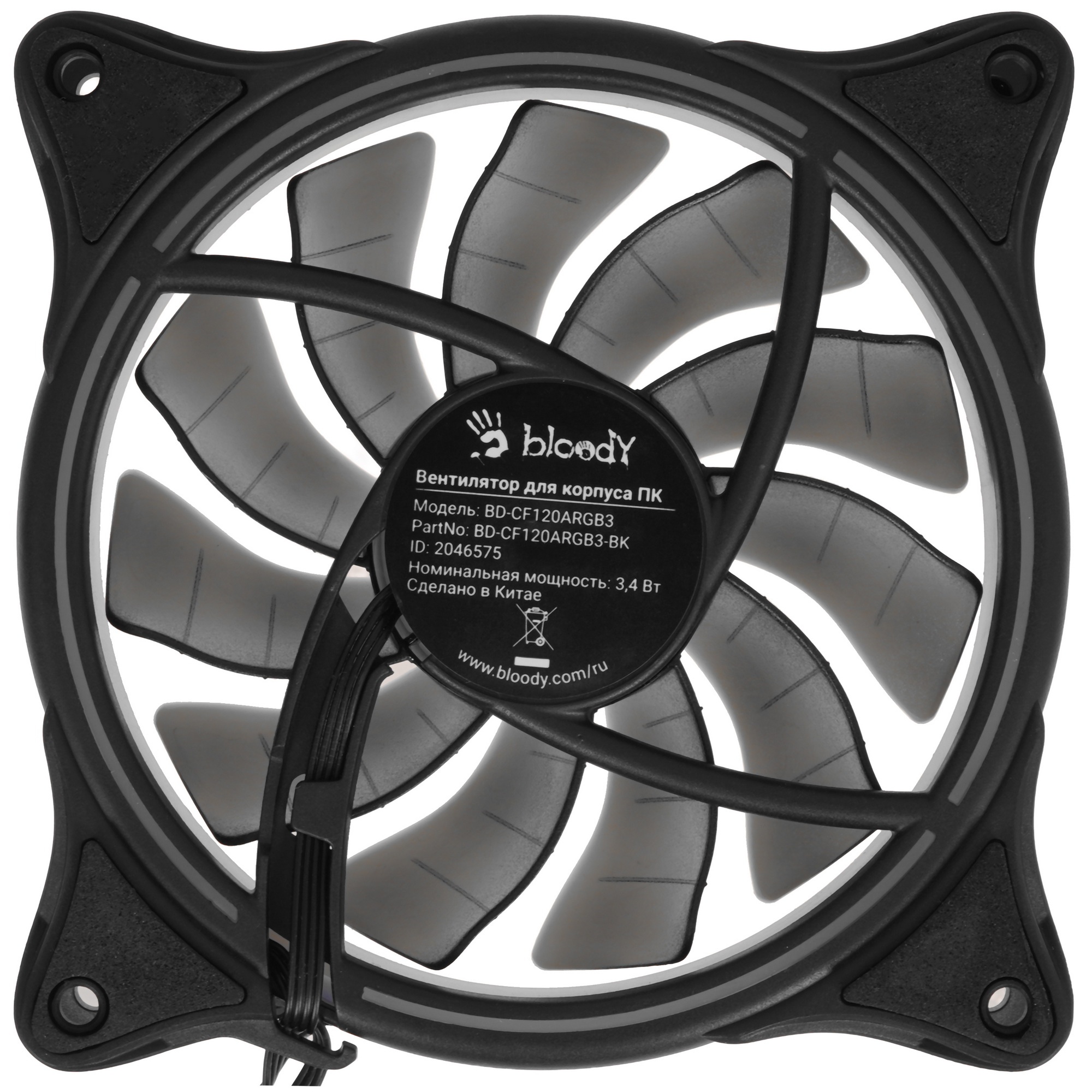 Вентилятор для корпуса Bloody BD-CF120ARGB3 ARGB черный, 120 мм, 1600 об/мин, 26 дБ, 4 pin