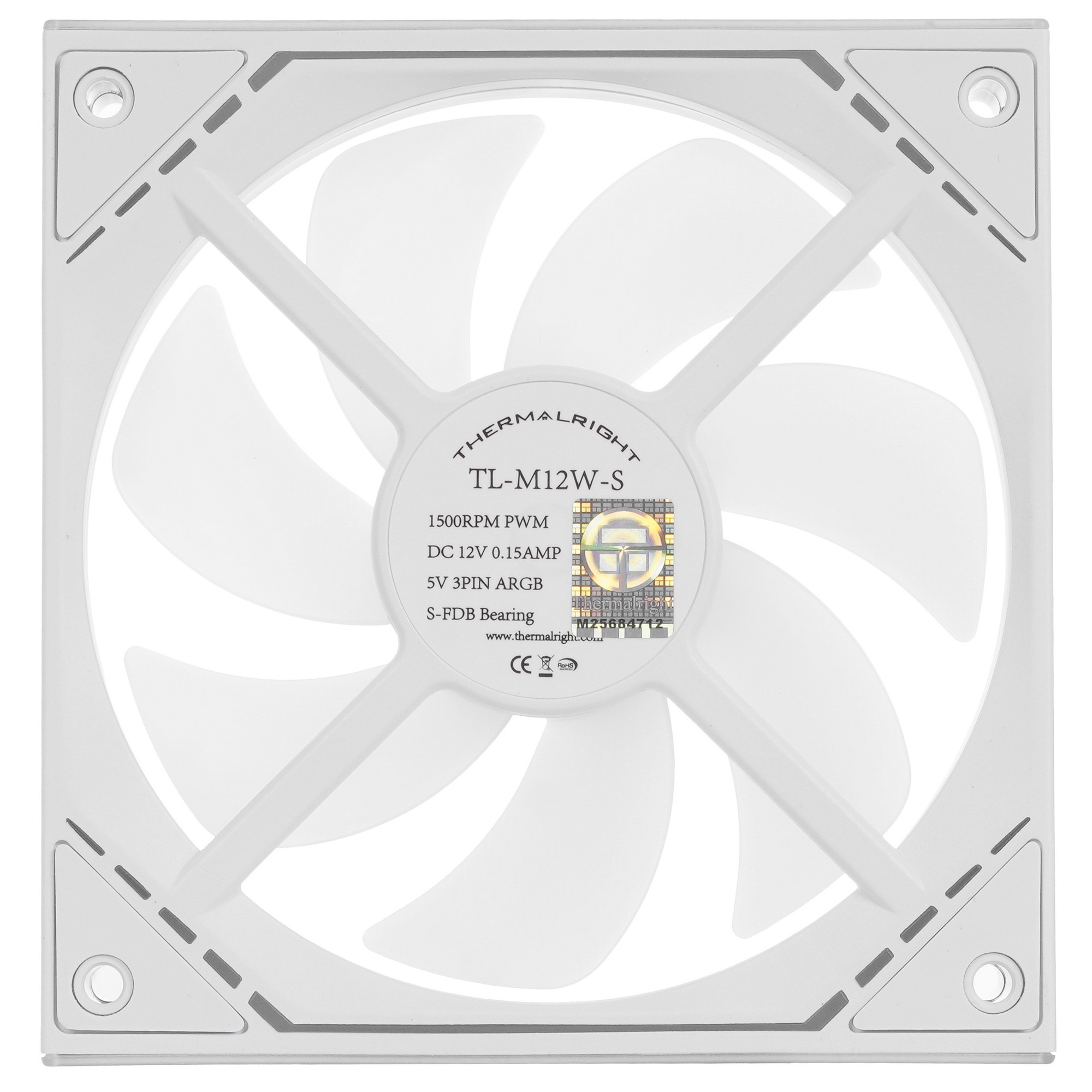 Кулер для корпуса Thermalright TL-M12W-S (120x124x25mm, 4-pin PWM, ARGB, 47.6CFM, 23.2dBA, 1500RPM,